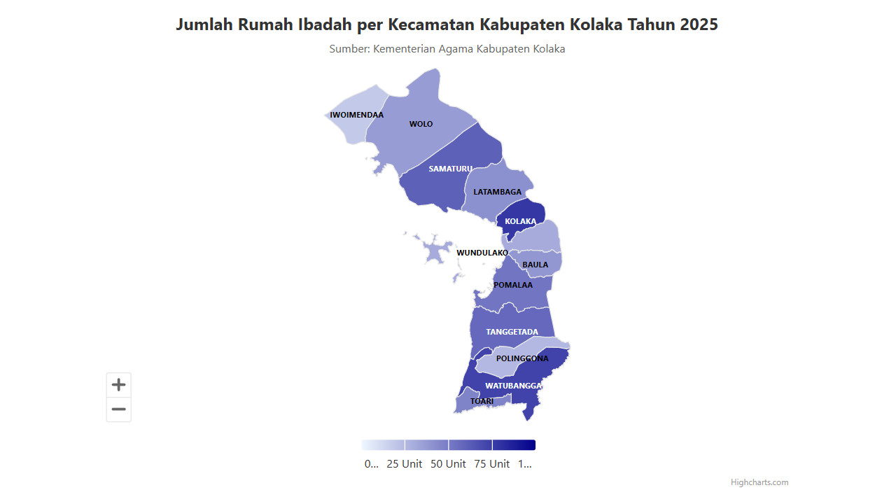Jumlah Rumah Ibadah per Kecamatan Kabupaten Kolaka Tahun 2025